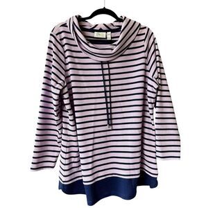 Denim & Co Active Striped Waffle Knit Tunic Cowl Neck Lavendar Navy Women's XLP